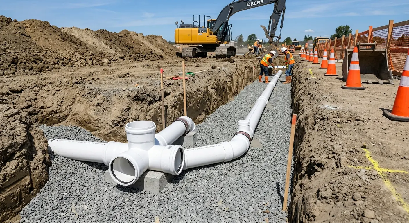 New PVC sewer pipe installation in open trench for Sewer Backup in South Ogden