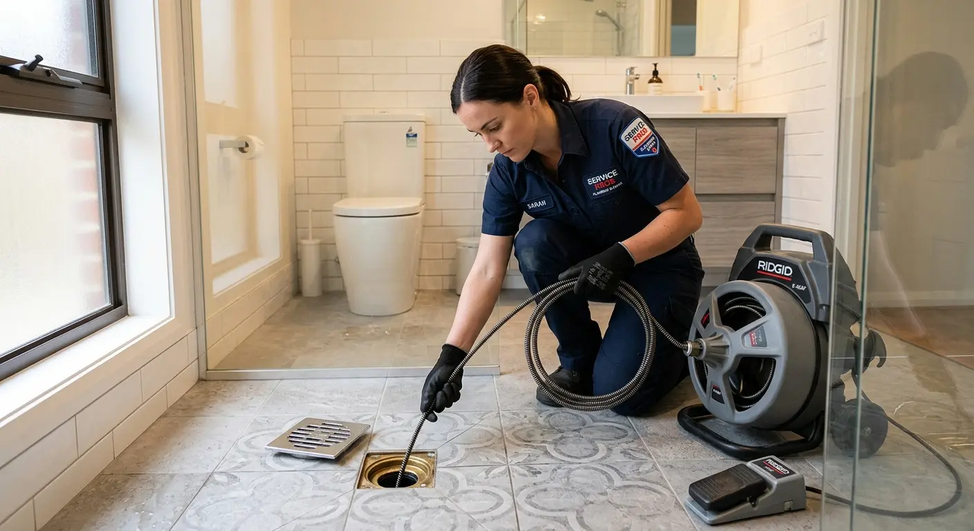 Technician clearing a bathroom floor drain for Sewer Line Installation in South Ogden